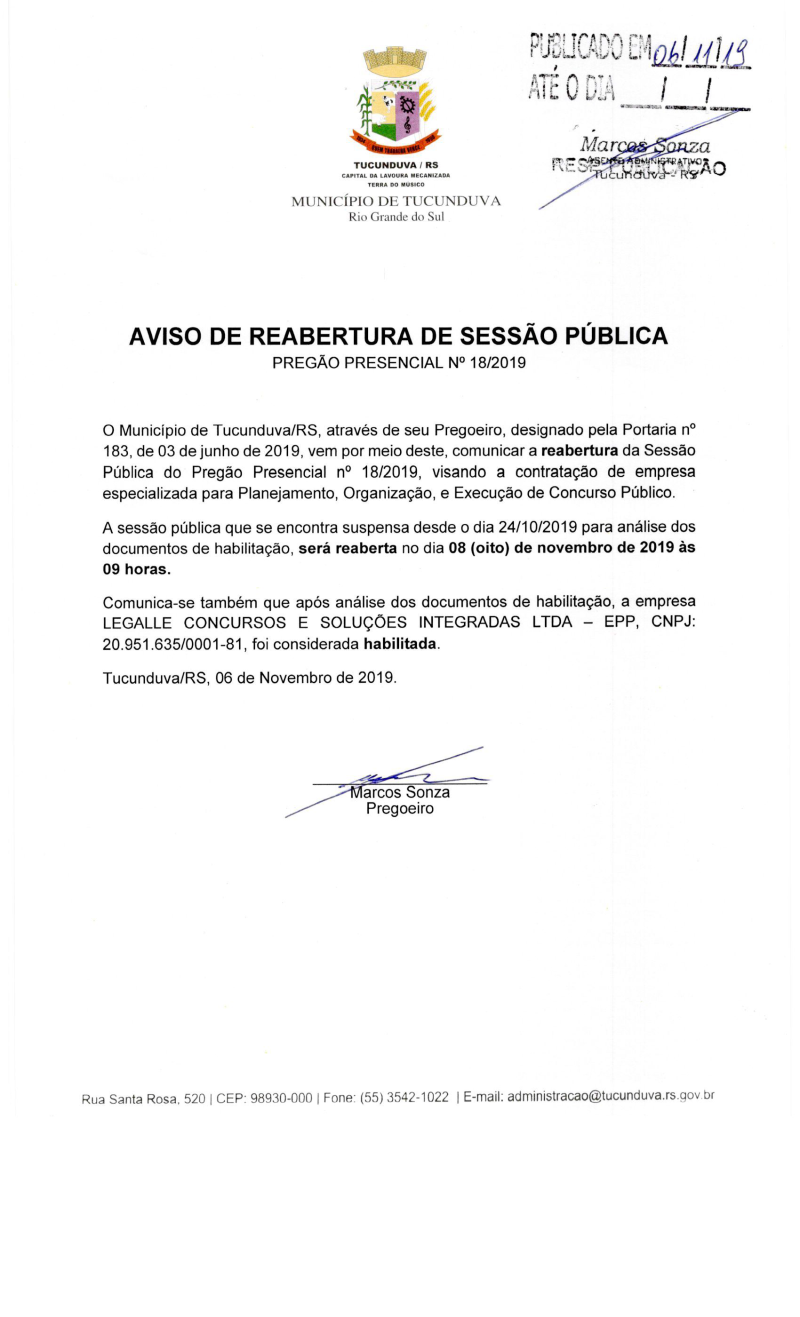 AVISO DE REABERTURA DE SESSÃO PÚBLICA PP Nº 18/2019
